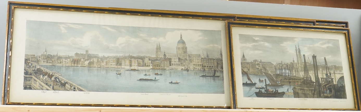 A set of four colour prints, London views to include St Paul’s and London Bridge, printed by C. Hullmandel, together with two other etchings, one coloured, largest 26 x 63cm